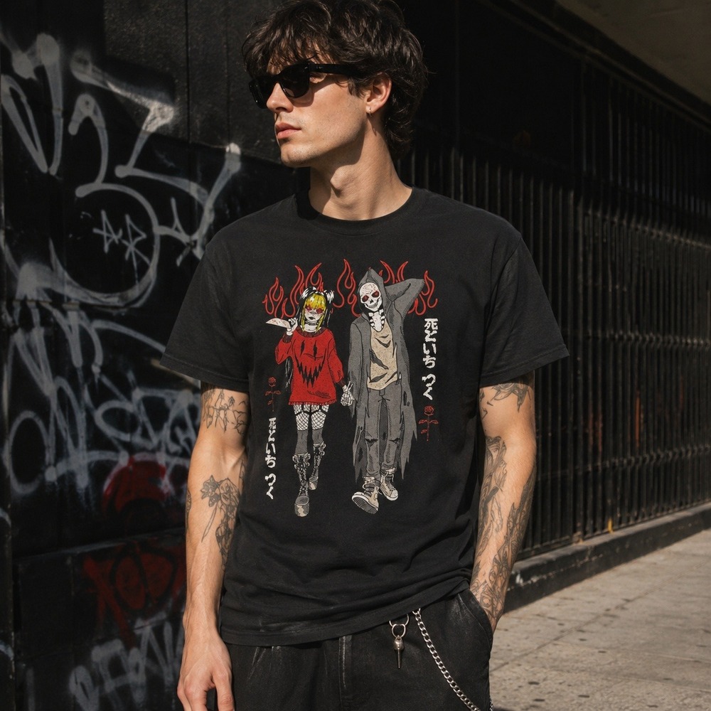 Hot Topic Mens Large Black Anime Gothic Grim Reaper Graphic T-Shirt Kanji Flames
